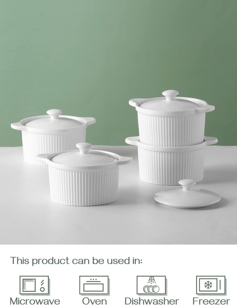 cDOWAN Porcelain Ramekins with Lids and Handles - Set of 4 7oz - Baking and Serving White