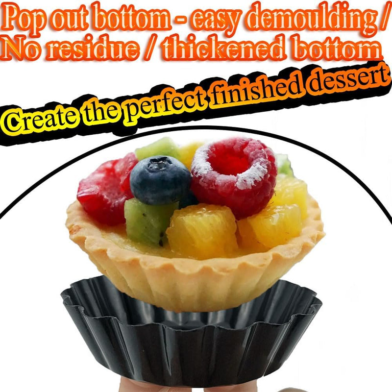 The product title is 8 Pack DATANYA 4 Inch Mini Tart Pans with Removable Bottom - Nonstick Quiche Pan for Dessert Baking