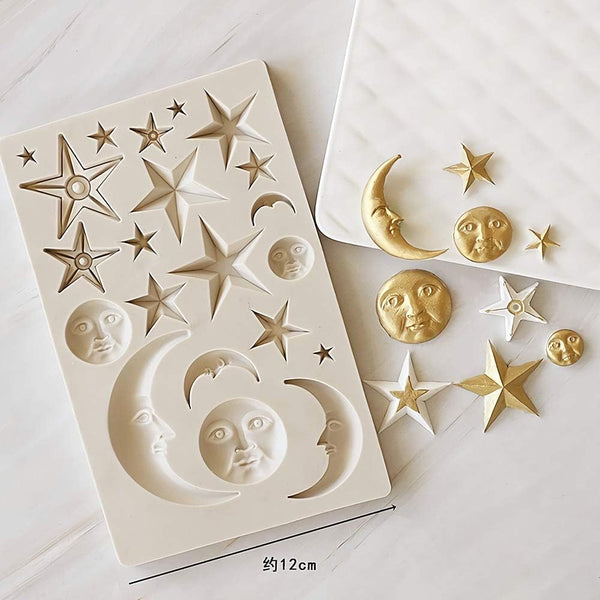 Silicone Fondant Mold for Cake Decorating - Moon Star Sun and Face Shapes