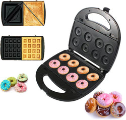 Baotkere 3-in-1 Donut Maker Waffle Sandwich Press Panini Grill Iron Set with Interchangeable Plates - 750W Dessert Toaster for Breakfast