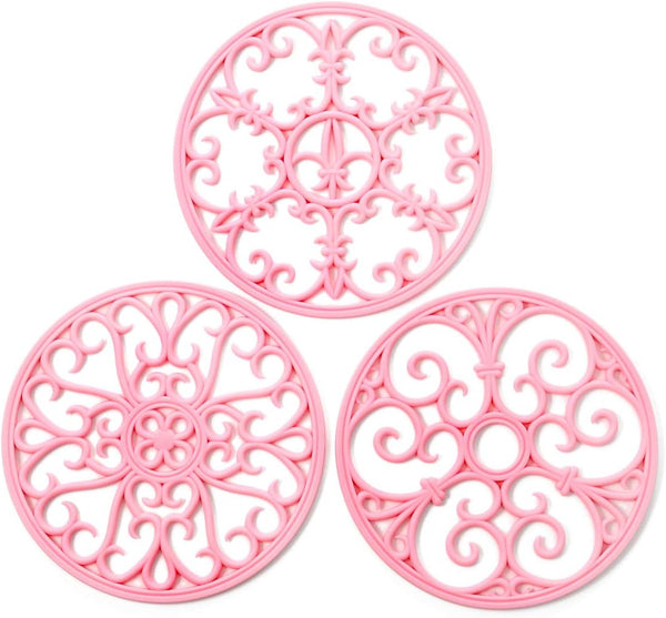 Silicone Trivet Mat Set - Non-Slip  Heat Resistant Hot Pads for Kitchen - Pink Set of 3