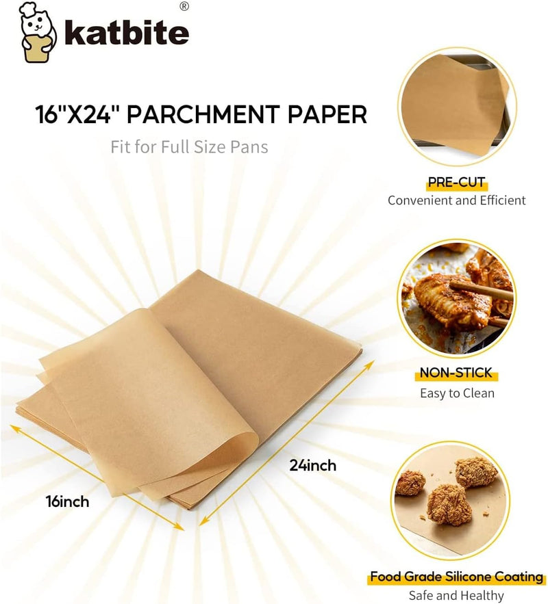 Katbite 200Pcs 12x16 In Unbleached Parchment Paper for Baking - Heavy Duty Precut Sheets for Oven Air Fryer Cookies