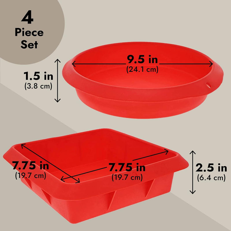 Juvale 4-Piece Nonstick Silicone Bakeware Set - Red Square Pans for Brownies Bread Cake and Pie