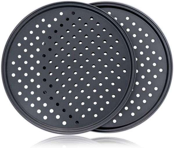 Destinymd 2-Pack Pizza Pan with Holes - Carbon Steel Non-Stick Tray for Crispy 12 Pizzas - Dark Gray