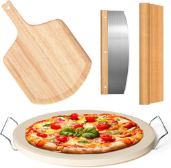 Round Pizza Stone Set - 5 PCS with Accessories and Cooking Paper for Perfect Pizza and Bread Baking