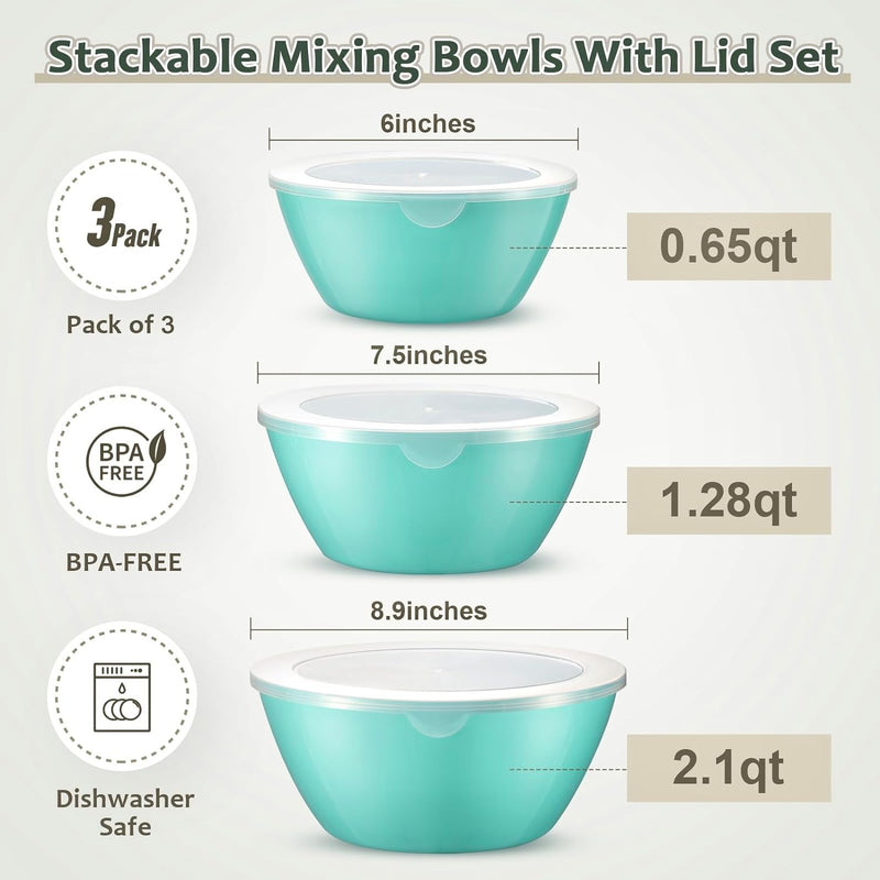 Wehome BPA-Free Mixing Bowls with Lids - Set of 3 Aqua Nesting Bowls for Kitchen Prep Serving and Storage