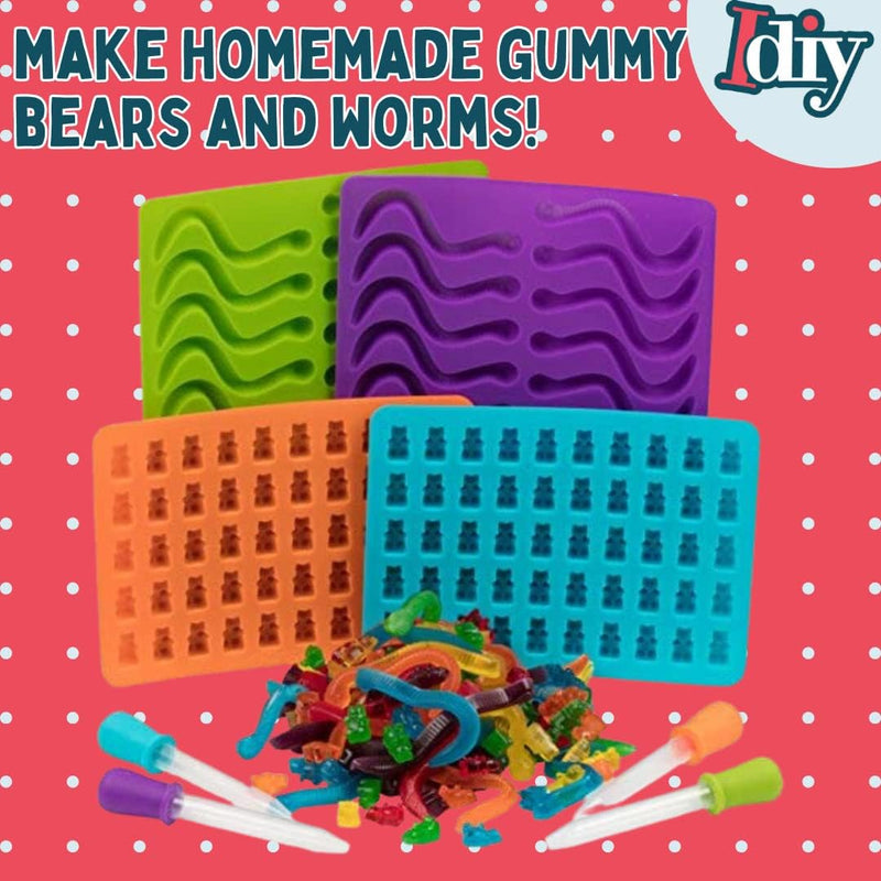 Gummy Candy Molds - 4 Pack Set with Droppers - Nonstick Trays for 140 Candies - Great for Chocolate Ice Cubes and More