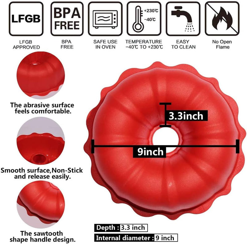 European Grade Cake Mold - Non Stick Silicone 9-inch Fluted Pan for Baking Jello Gelatin and Cakes - BPA-Free