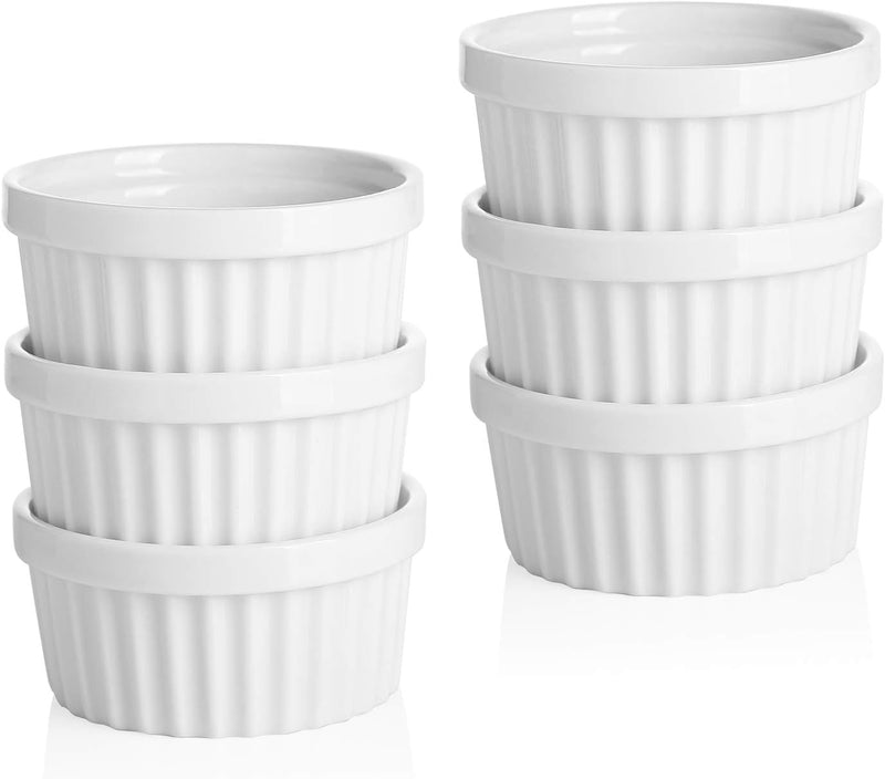 Sweese 8 oz Porcelain Ramekins Set of 6 - Creme Brulee Souffle Custard Cups for Baking Oven Safe - White