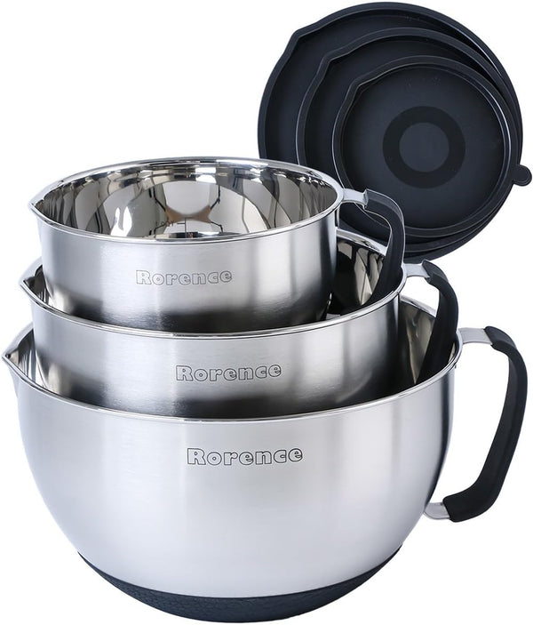 Rorence Stainless Steel Mixing Bowls with Pour Spout Handle and Lid - Set of 3 Black