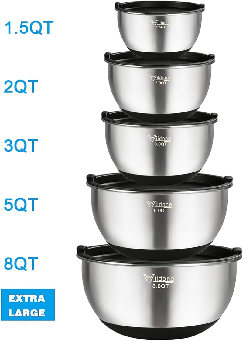 Stainless Steel Mixing Bowls - Set of 5 with Airtight Lids and Non-slip Bottoms