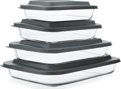 8-Piece Deep Glass Baking Dish Set with Lids - Rectangular Bakeware for Lasagna Cooking Storage - Gray