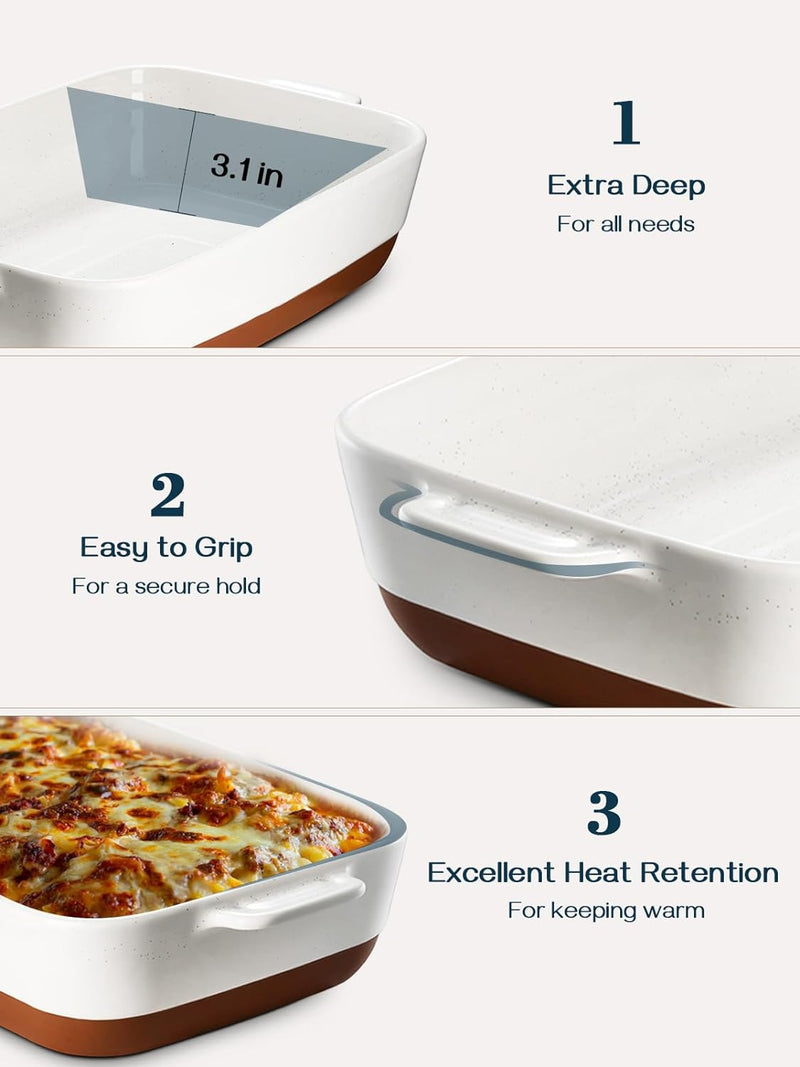 DOWAN 9x13 Ceramic Baking Dish - Deep Lasagna Pan with Handles and Alabaster White Color