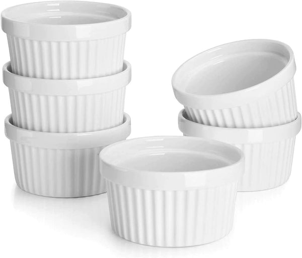 Sweese 8 oz Porcelain Ramekins Set of 6 - Creme Brulee Souffle Custard Cups for Baking Oven Safe - White