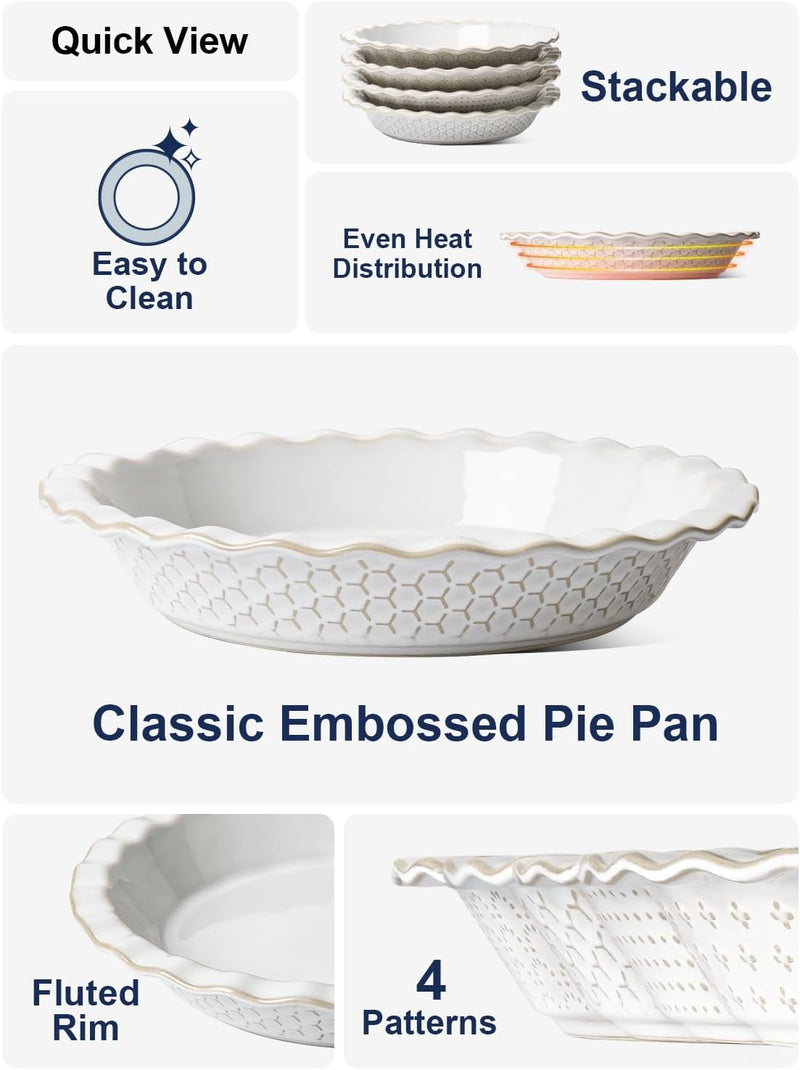 LE TAUCI Ceramic 9 Deep Dish Pie Pan - Set of 1 Honey Comb Design Arctic White