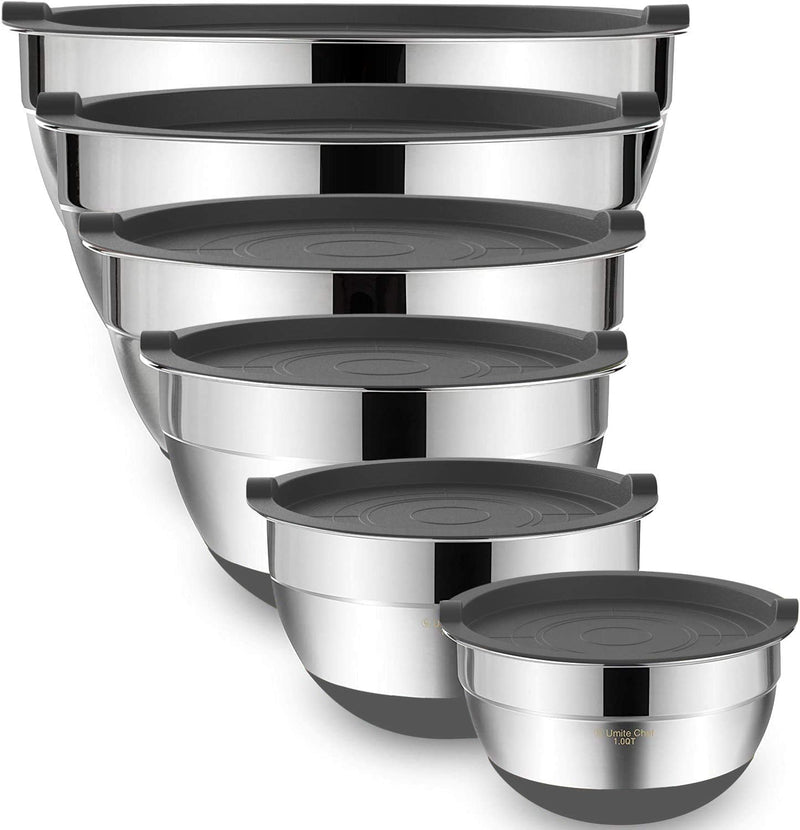 Umite Chef 6-Piece Mixing Bowls with Airtight Lids - Stainless Steel Nesting Storage Set Khaki