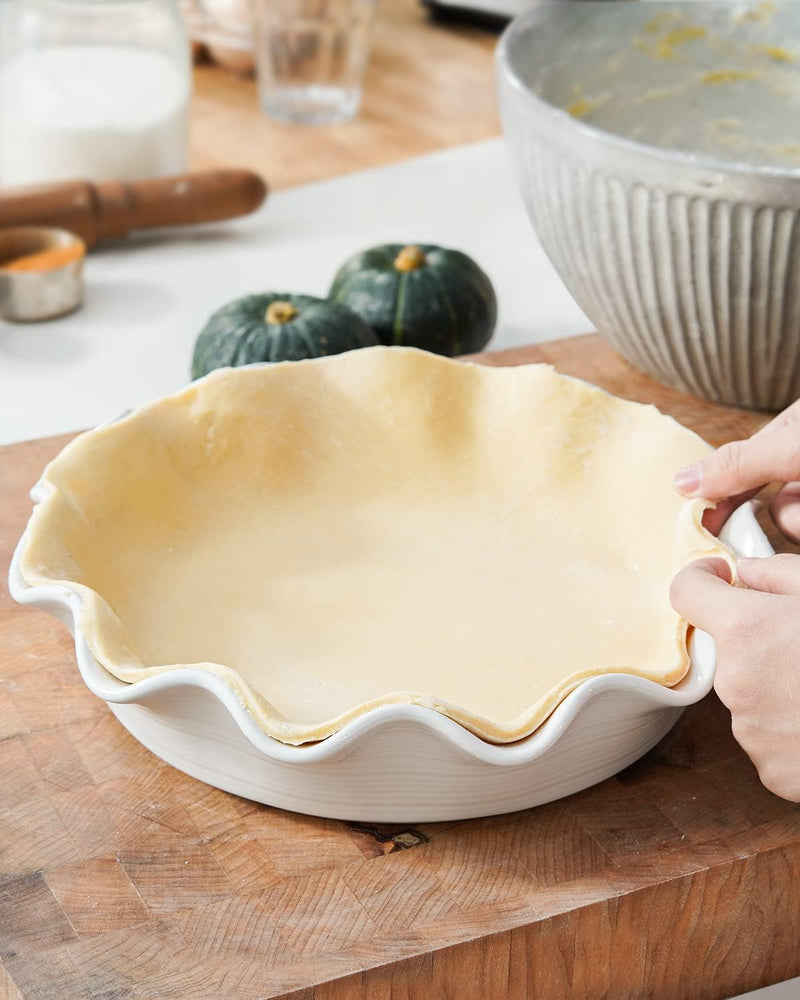 Ceramic Deep Dish Pie Pans - Set of 2 White with Ruffled Edge