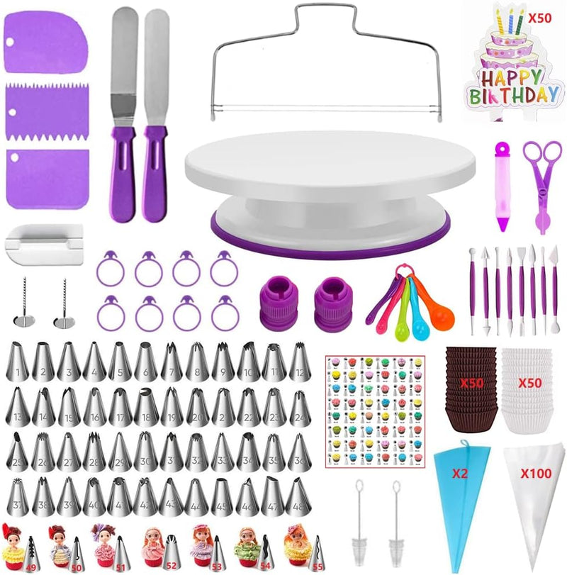 ANSLYQA 345 Pcs Cake Decorating Kit with Cake Turntable & Leveler,55 Numbered Icing Piping Tips,2 Spatulas,3 Comb Scrapers,2 Tip Couplers,102 Pastry Bags,100 Paper Cupcake Liners