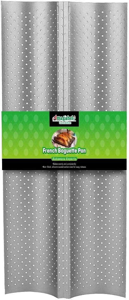 AMAGABELI Nonstick Baguette Pan for French Bread Baking - 15 x 13 Perforated Mold with 4 Gutter Oven Toaster Cloche Silver