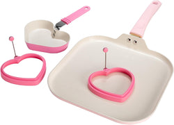 Paris Hilton Breakfast Ceramic Cookware Set - Square Griddle Mini Heart Shaped Fry Pan 2 Egg Rings Pink 4-Piece