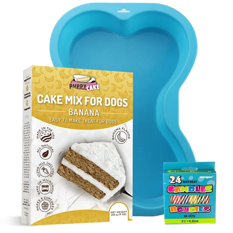 CharactersPuppy Cake Mix Birthday Kit with Bone Pan Candles and Peanut Butter Blue Flavor - Made in USA