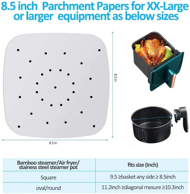 Air Fryer Parchment Paper Liners - 200 Pack - 85 Square - Bamboo Steamer for Baking Cooking and Oven Use