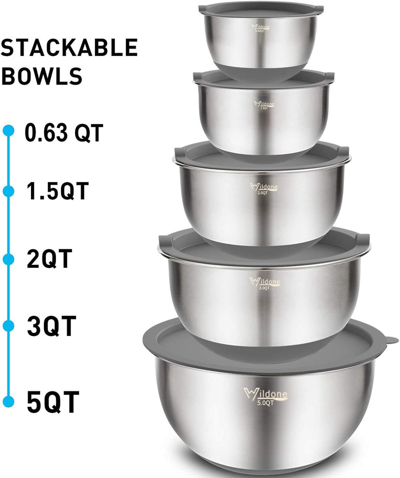 5-Piece Stainless Steel Mixing Bowls Set with Airtight Lids Grater and Non-Slip Bottoms