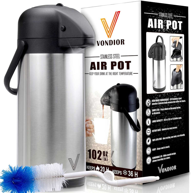 Airpot Coffee Dispenser with Pump - Insulated Stainless Steel Coffee Carafe (102 oz) - Thermal Beverage Dispenser - Thermos Urn for Hot/Cold Water, Party Chocolate Drinks