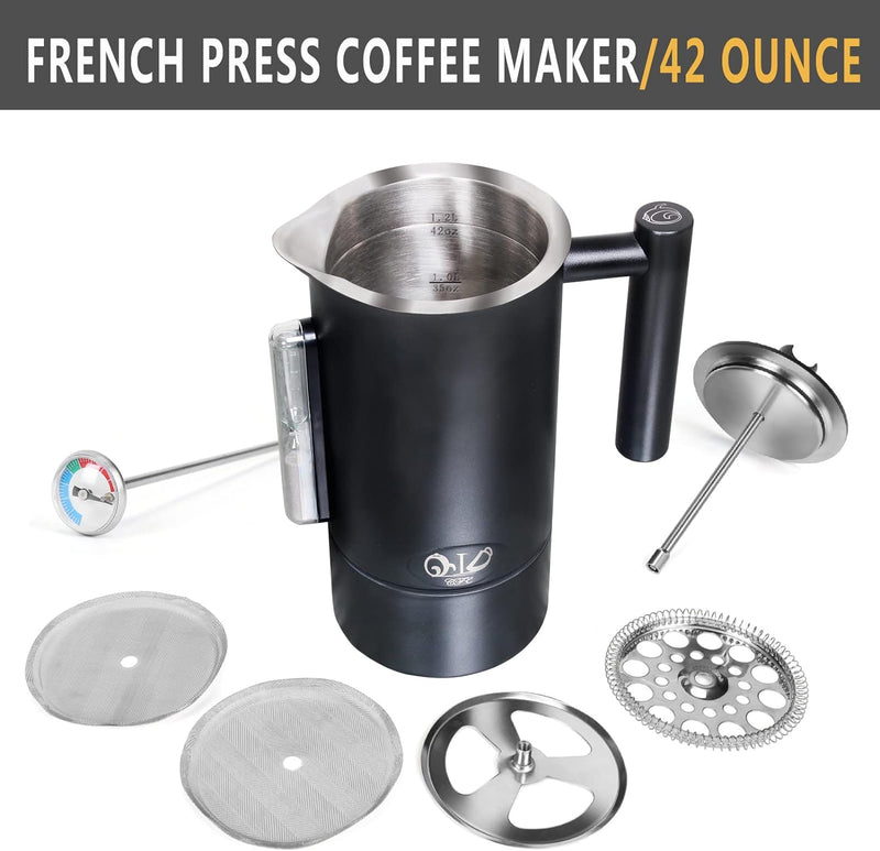 qidcfe French Press Coffee Maker ，304 Grade Stainless Steel Insulated ， Easy To Clean Removable Bottom，42oz(1.2L) Coffee Press for Home Office，Dishwasher Safe (black)