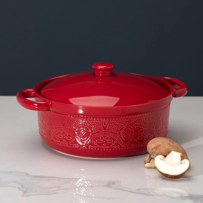 2 Quart Ceramic Lace Casserole Dish with Lid - Christmas Red