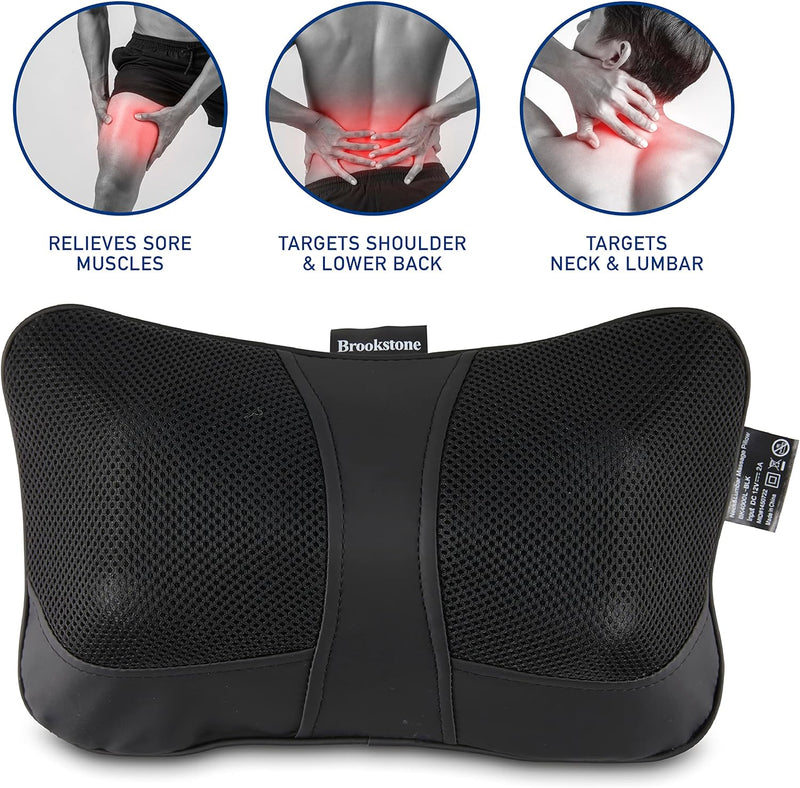 Brookstone Shiatsu Neck and Lumbar Massager, Deep Kneading Massage Pillow with Heat - Neck, Shoulder, Leg, Lumbar Portable Massager, Electric Massage Pillow for Home Office Car