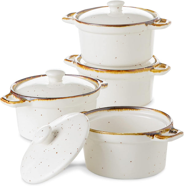 Ceramic Ramekins with Handles and Lids - 12 oz Rustic Cocotte Set of 4 for Baking and Serving