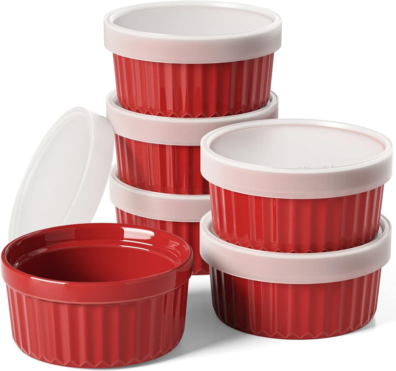 LE TAUCI 8 oz Ramekins with Silicone Lids Set of 6 White - Oven Safe Creme Brulee Dishes and Custard Cups