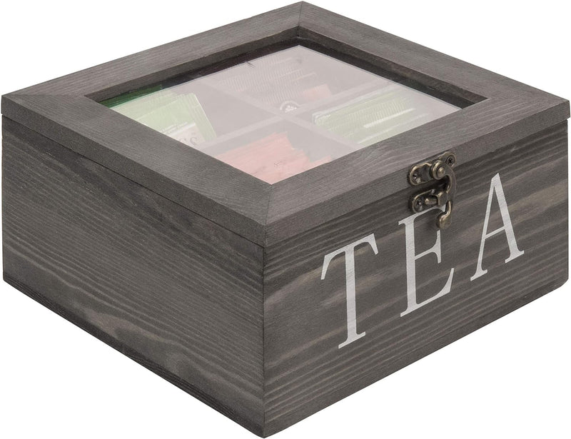 MyGift Shabby Whitewashed Solid Wood Tea Box Organizer with 4 Compartments, Teabag Storage Chest with Clear Acrylic Lid and Latch