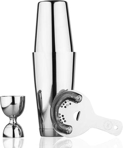 Derrison Premium Boston Shaker Set: Two-Piece Weighted and Unweighted Boston Shaker with Hawthorne Strainer and Bell Jigger, 18/28oz Stainless Steel Martini Drink Shaker, Heavy Duty Metal