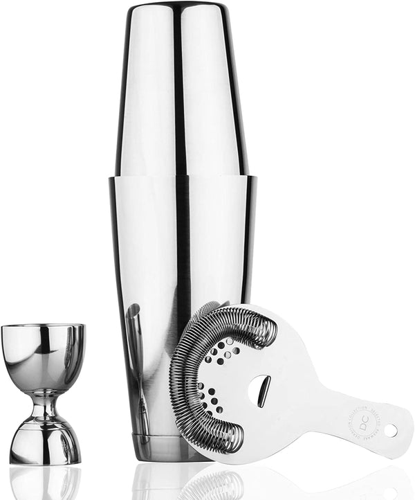 Derrison Premium Boston Shaker Set: Two-Piece Weighted and Unweighted Boston Shaker with Hawthorne Strainer and Bell Jigger, 18/28oz Stainless Steel Martini Drink Shaker, Heavy Duty Metal
