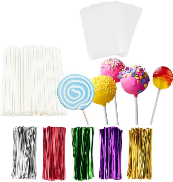 Cake Pop Sticks and Wrappers Kit - 300 Count with Lollipop Sticks Treat Bags and Twist Ties