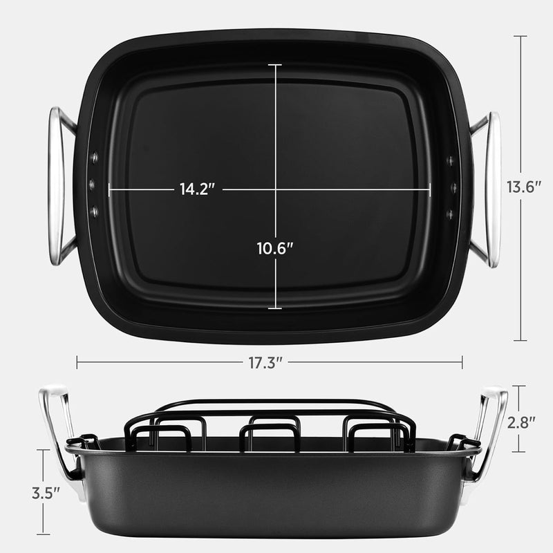 HONGBAKE Nonstick Turkey Roasting Pan with Rack 17x13 - for Large Turkey  Chicken Heavy Duty Dark Grey