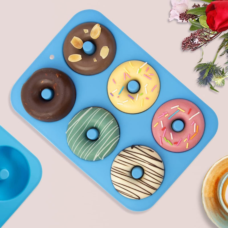 Silicone Donut Mold Set 6 Doughnuts LFGB Food Grade Non-Stick Dishwasher Safe Heat Resistant Microwave Safe Blue