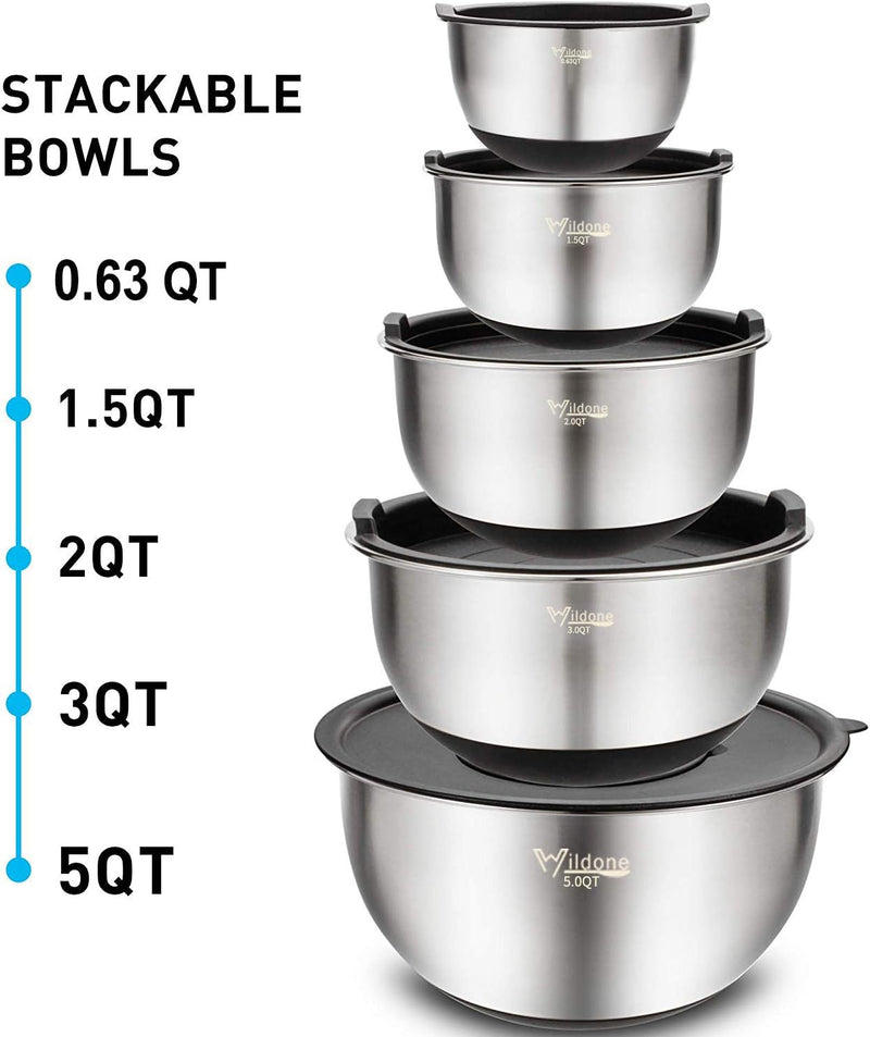 5-Piece Stainless Steel Mixing Bowls Set with Airtight Lids Grater and Non-Slip Bottoms