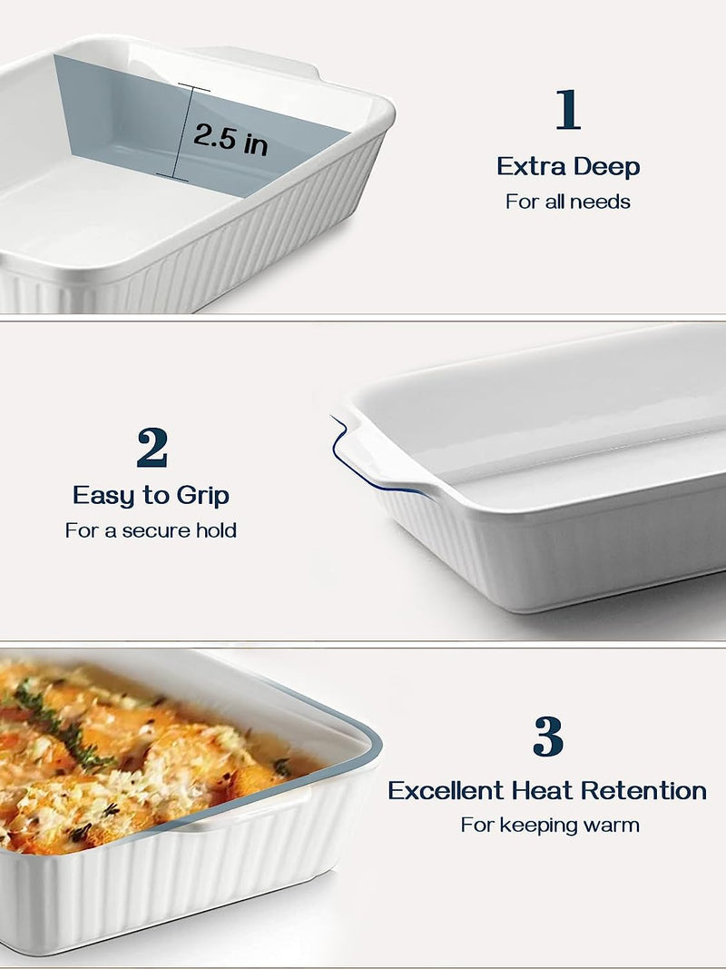 DOWAN 9x13 Ceramic Casserole Dish - 135 oz Deep Baking Pan with Handles Oven Safe White