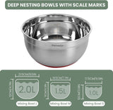 Parmedu 5-in-1 Multifunction Large 304 Stainless Steel Mixing Bowl Set, 3 Deep Nesting Salad Bowls Size 4QT, 3QT, 2.5QT & Colander & Grater, Model CK001