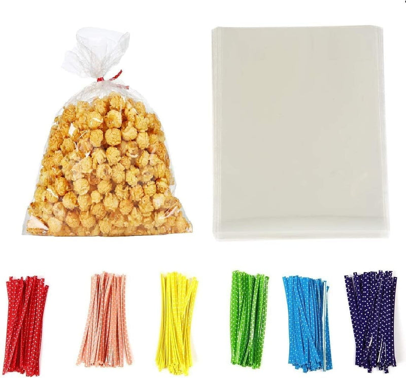 100-Pack Clear Cellophane Treat Bags with Metallic Twist Ties - 10x6 inches 14mil - Bakery Cookies Candies Dessert