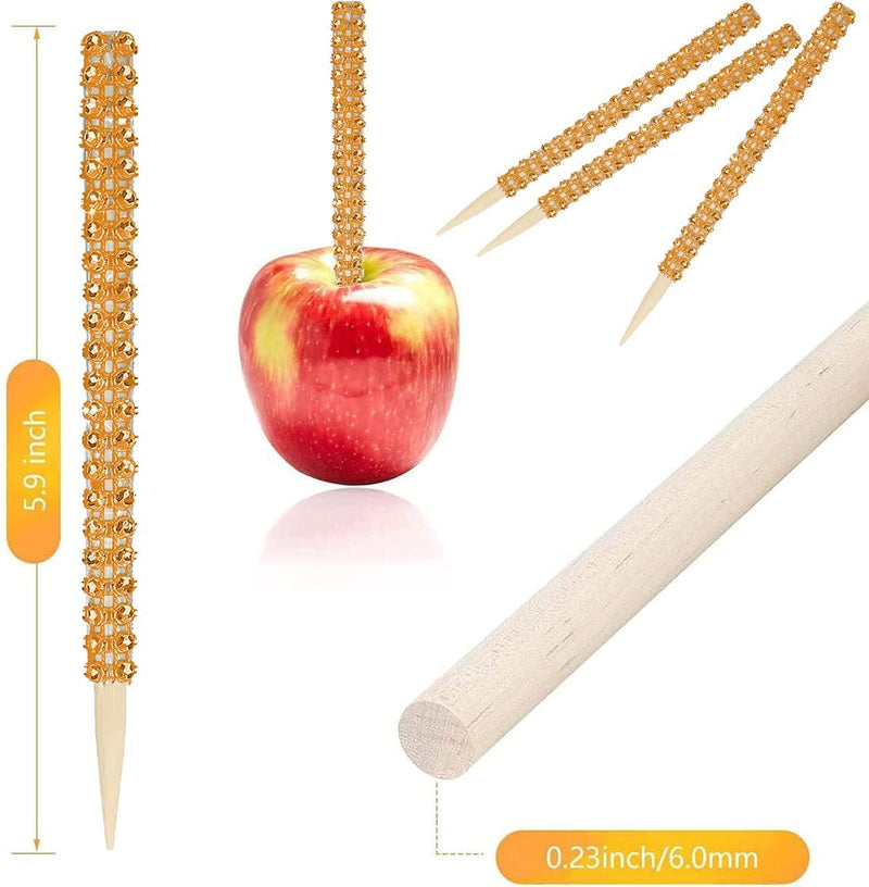 Bling Candy Apple Bamboo Sticks - 32 PCS Wooden Skewers with Rhinestone Diamond Mesh Wrap for Fruit Treats and Dessert Table Silver