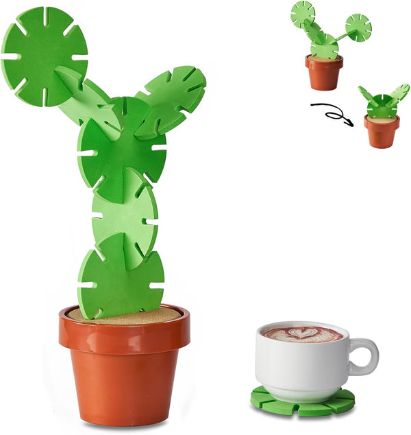 Cactus Coaster Set with Flowerpot Holder - Novelty Coasters for Home Office Bar Decor by Sirensky Set of 6
