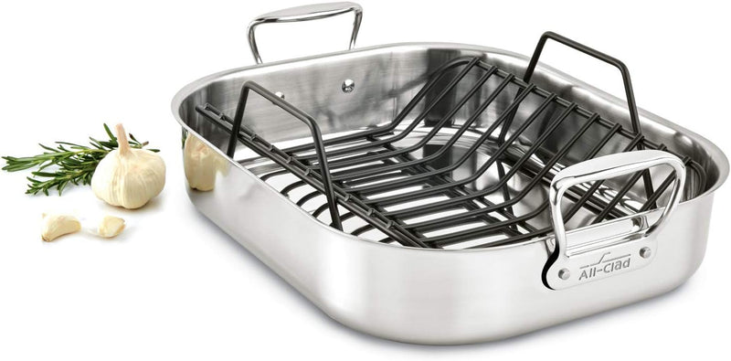 All-Clad Stainless Steel Roaster  Nonstick Rack 145x18 Oven Safe Pan - Silver