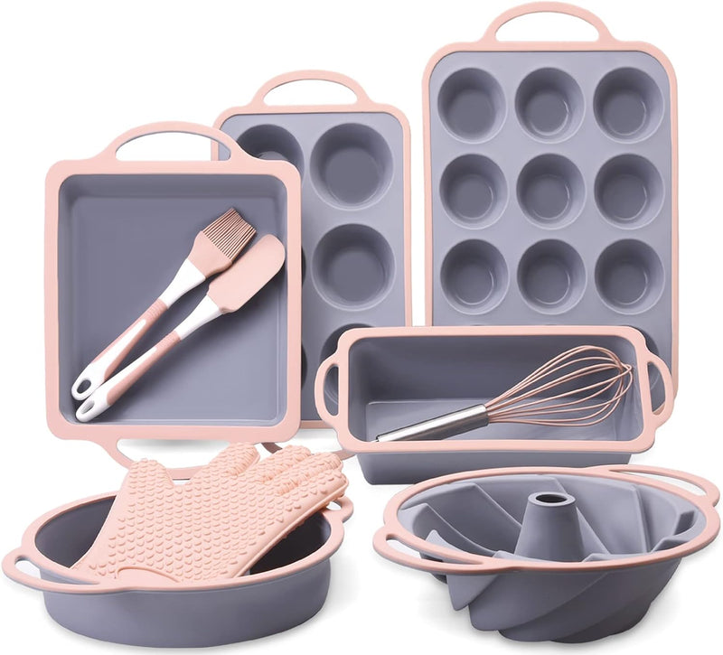 10-Piece Silicone Bakeware Set - Blue Gray with Spatulas Brush Mitts and Whisk