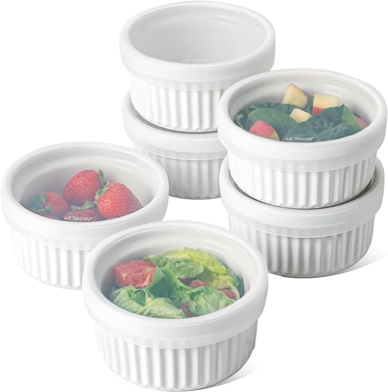 LE TAUCI 2nd Gen Ramekins with Lids - 8 oz Oven Safe Ceramic Bowls for Baking Set of 4