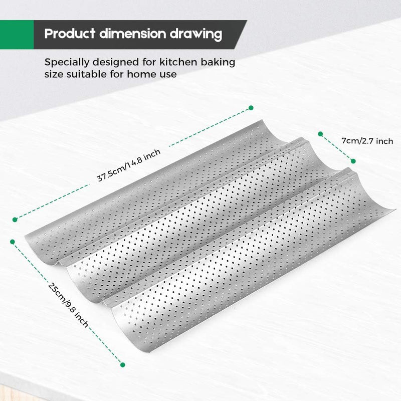 AMAGABELI Nonstick Baguette Pan for French Bread Baking - 15 x 13 Perforated Mold with 4 Gutter Oven Toaster Cloche Silver