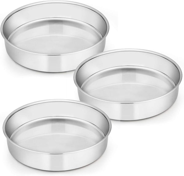 8-Inch Stainless Steel Round Cake Pan Set of 3 - Non-Toxic Mirror Finish Dishwasher Safe